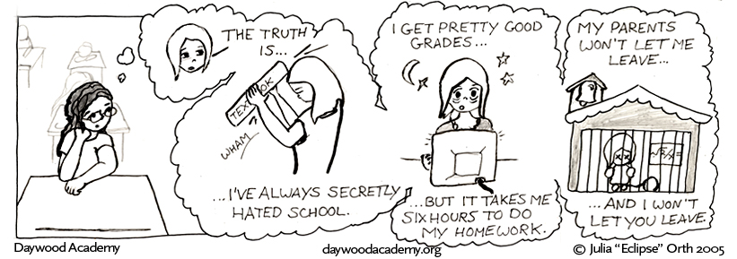 [Trina sits at her desk in class, still trying to imagine what Sandy was going to say .oO( Sandy: "The truth is..." - Sandy pounding her head with a text book - "...I've always secretly hated school. I get pretty good grades..." - Sandy staring baggy-eyed at a computer monitor, moon and stars in the sky - "...but it takes me six hours to do my homework. My parents won't let me leave..." - Sandy behind bars in an iconic school building with bell, blackboard, and trim on the roof - "...and I won't let you leave.")]