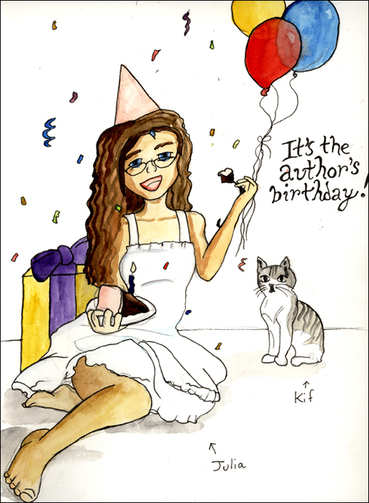 ["It's the author's birthday!" Julia sitting on the floor in a white sun dress. She is wearing a pink party hat and holding a cake slice with a burning candle in it with her right hand, and a fork full of cake with her left hand. Presents and balloons are in the background, and confetti is wafting from above. Kif, the tail-less cat, is watching with disinterest.]